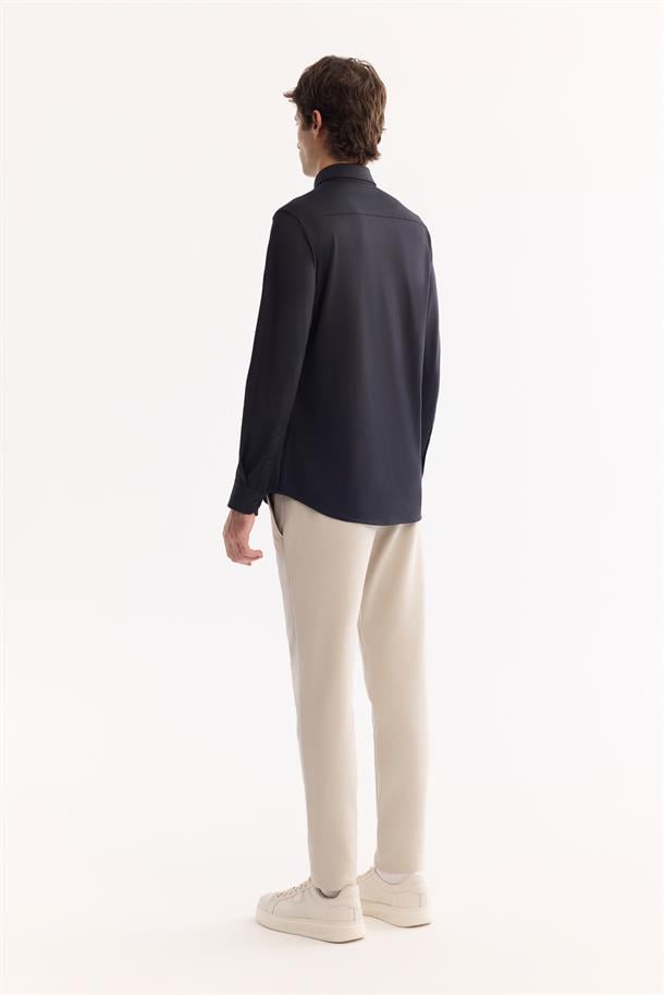 Siyah Klasik Yaka Örme Pike Slim Fit Uzun Kol Gömlek