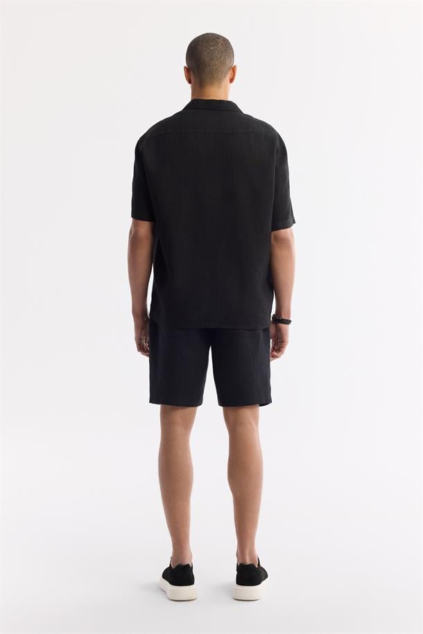 Siyah Küba Yaka %100 Keten Kısa Kol Rahat Kesim Oversize Fit Kısa Kol Gömlek