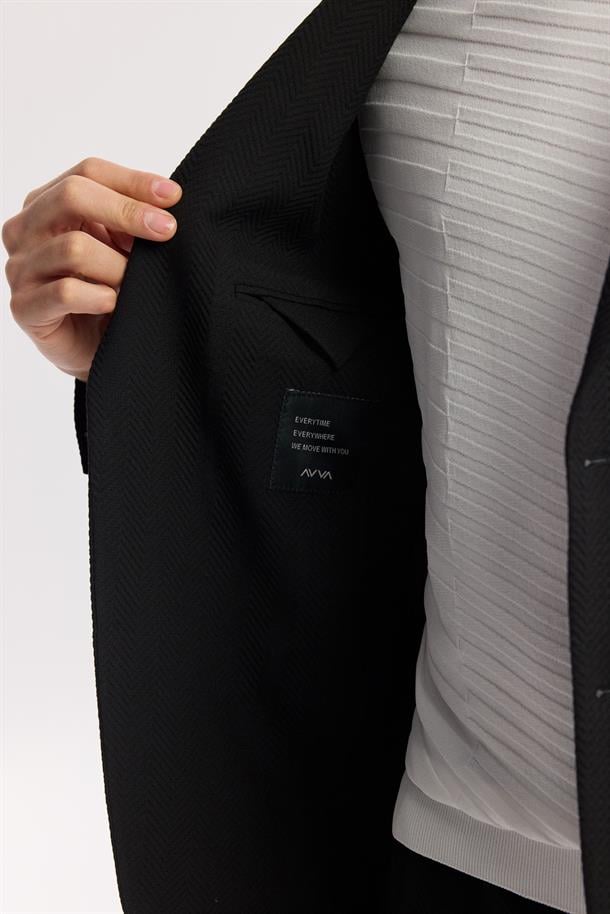 Siyah Mono Yaka Torba Cepli Çift Yırtmaç Astarsız Gofre Detaylı Bi Stretch Ceket