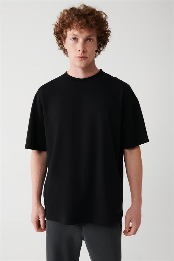 Siyah Oversize Bisiklet  Yaka T-shirt