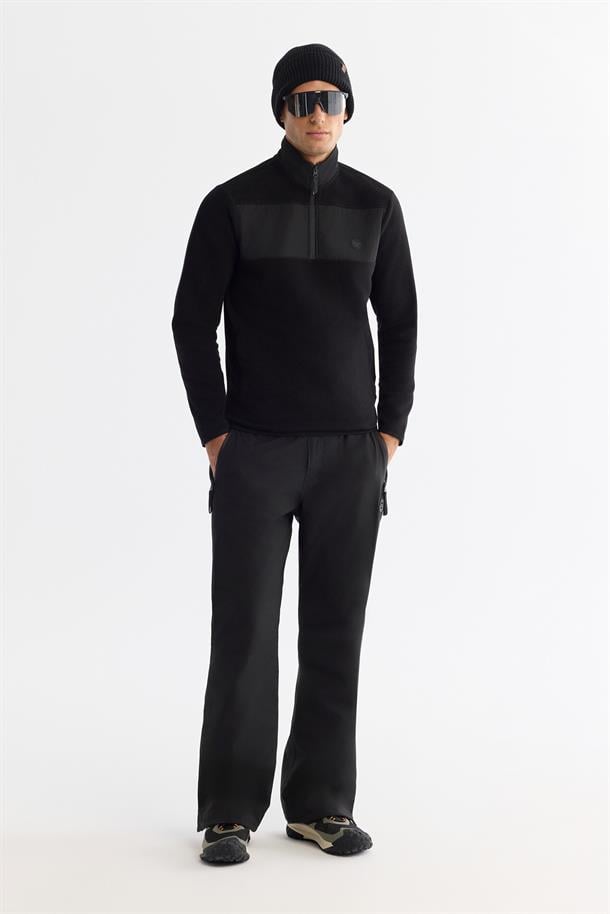Siyah Paraşüt Garnili Yarım Fermuar Polar Sweatshirt
