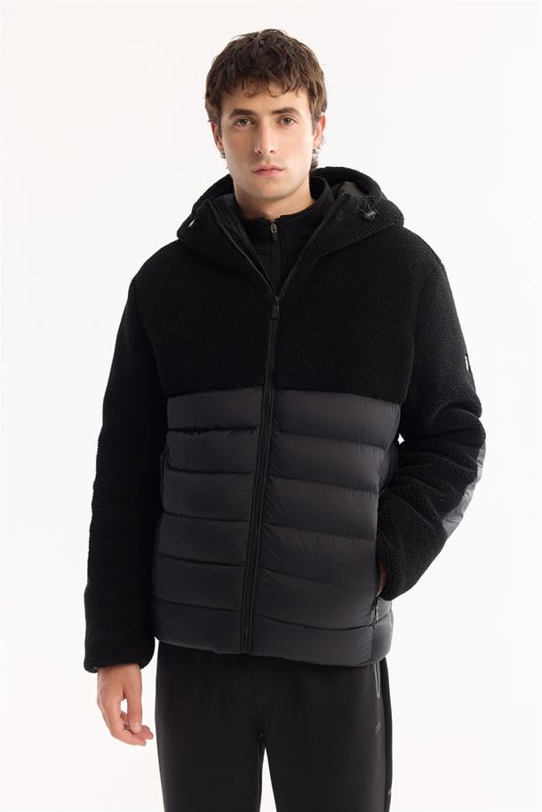 Siyah Peluş Kapüşonlu Mont