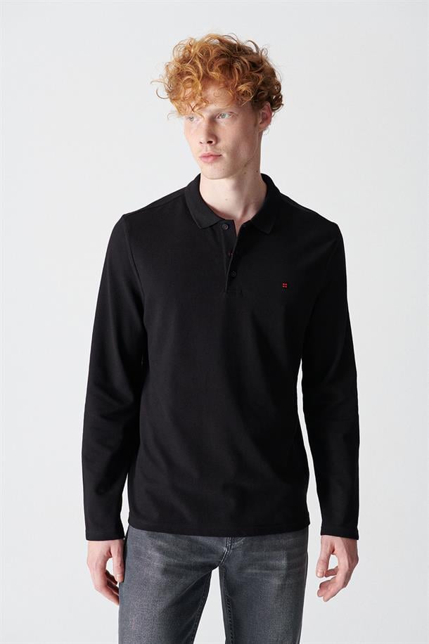 Siyah Polo Yaka %100 Pamuk Basic Regular Fit Standart Kesim Sweatshirt