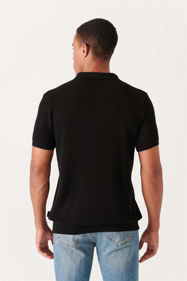Siyah Polo Yaka Dokulu Basic Triko T-shirt