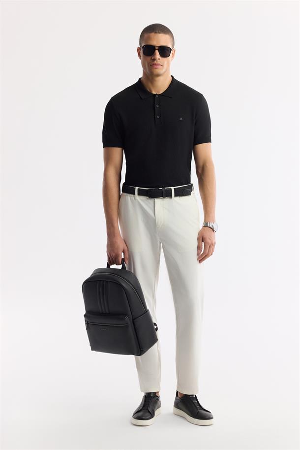Siyah Polo Yaka Dokulu Triko T-shirt