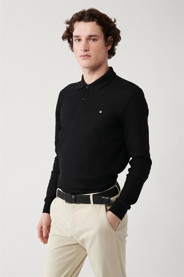 Siyah Polo Yaka Düz Uzun Kol T-shirt