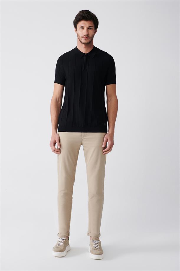 Siyah Polo Yaka Fermuarlı Fitil Örgü Detaylı Slim Fit Triko T-Shirt