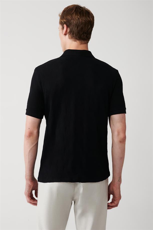 Siyah Polo Yaka Fermuarlı Jakarlı T-Shirt