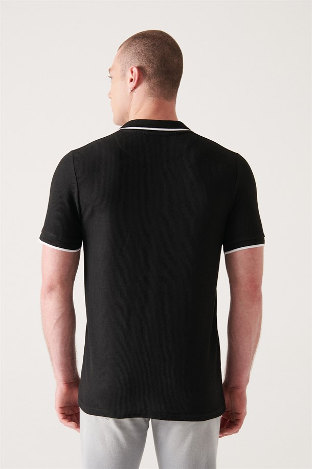 Siyah Polo Yaka Jakarlı T-shirt
