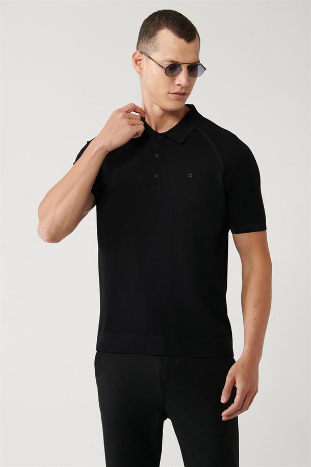 Siyah Polo Yaka Kolları Örgü Detaylı Regular Fit Standart Kesim Rayon Triko T-Shirt
