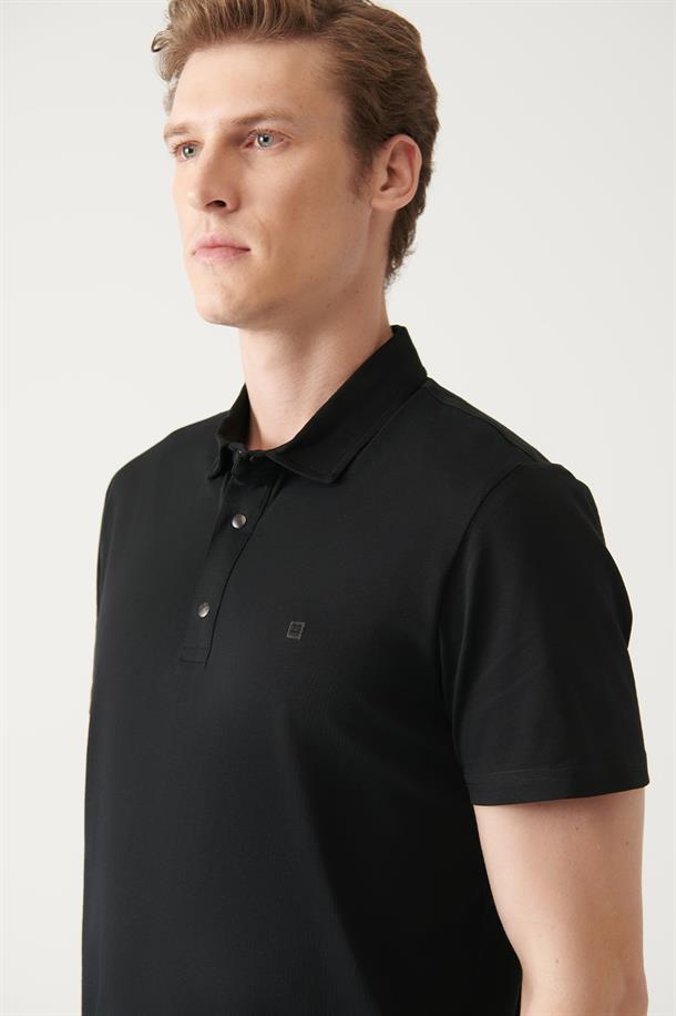 Siyah Polo Yaka Örme T-Shirt