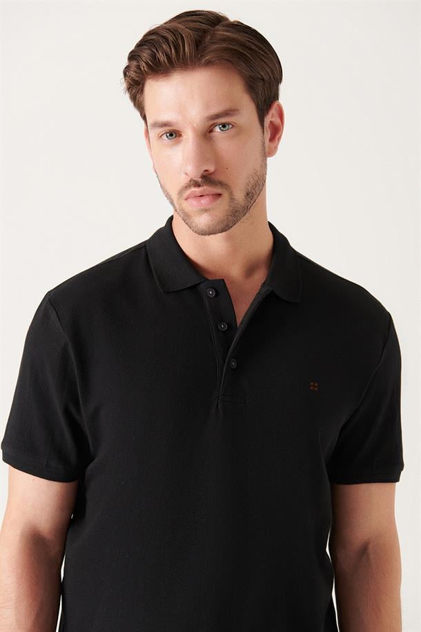 Siyah Polo Yaka Slim Fit %100 Pamuk Basic T-Shirt