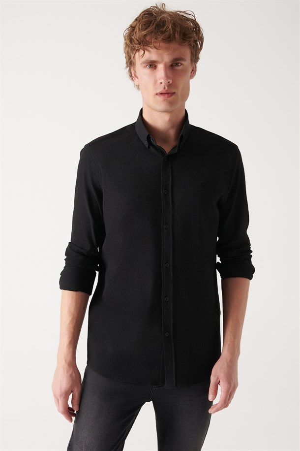 Siyah Seersucker Düğmeli Yaka Pamuklu Comfort Fit Gömlek