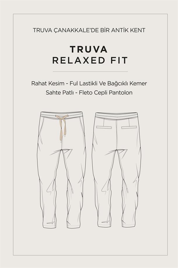 Siyah Truva Relaxed Fit Pantolon Yandan Cepli Beli Lastikli Tensel Kumaş