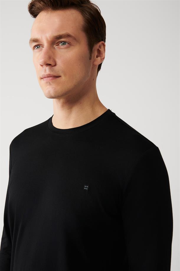Siyah Ultrasoft Bisiklet Yaka Düz Uzun Kol Modal T-Shirt