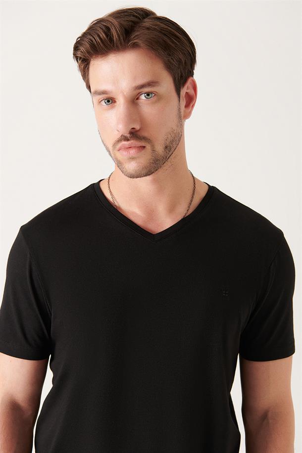 Siyah Ultrasoft V Yaka Düz Regular Fit Modal T-Shirt