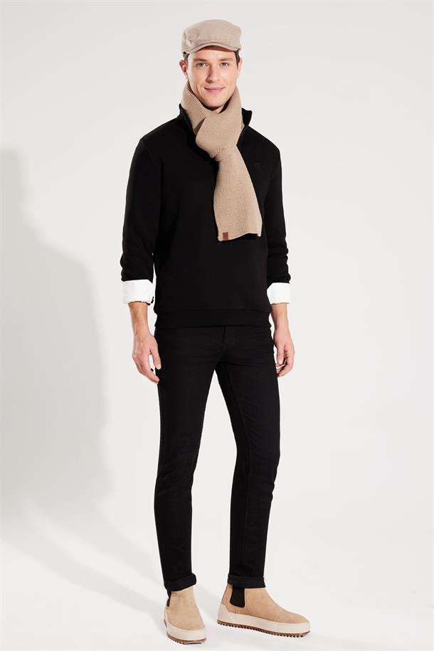 Siyah Unisex Sweatshirt Dik Yaka Fermuarlı İçi Polarlı 3 İplik Regular Fit Standart Kesim