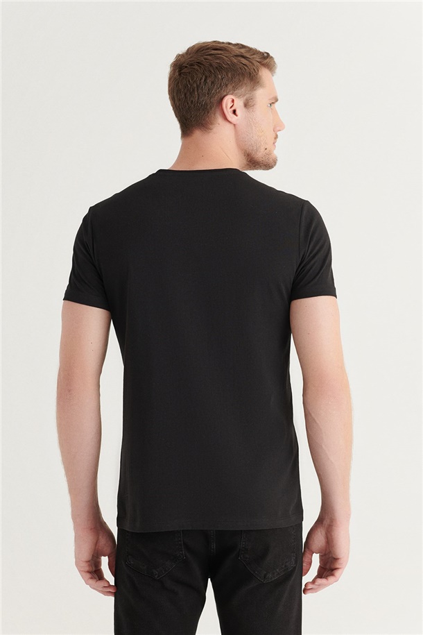 Siyah V Yaka Düz T-Shirt