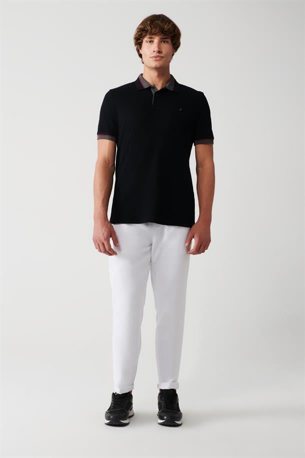 Siyah Yakası Çizgili %100 Pamuk Regular Fit 2 Düğmeli Polo Yaka T-Shirt