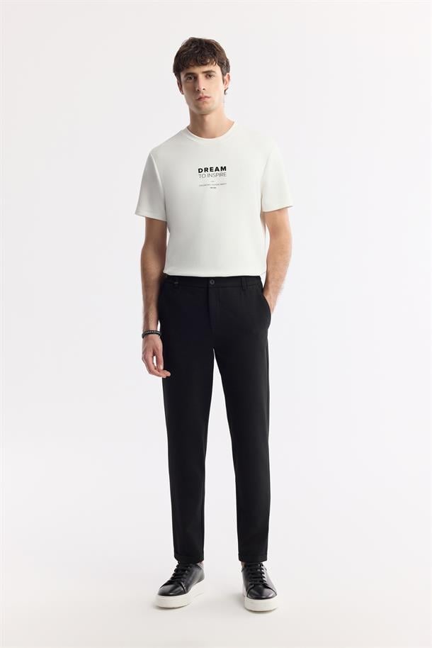 Siyah Yan Beli Lastikli Gofreli Chino Pantolon