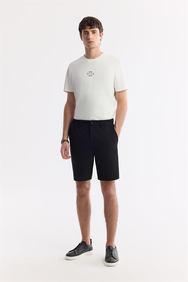 Siyah Yanı Lastikli Gofreli Olympos Relaxed Fit Chino Şort