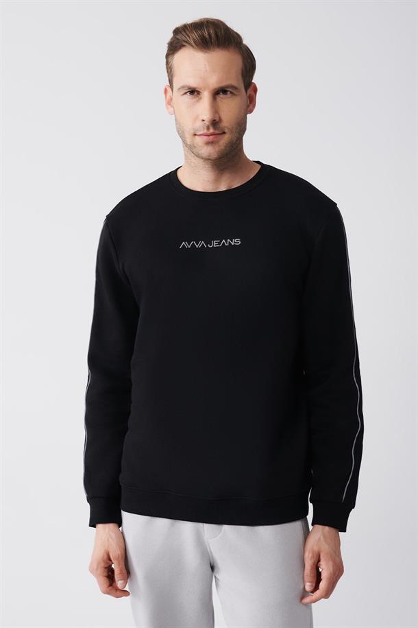 Siyah Yanı Şeritli Slim Bisiklet Yaka Sweatshirt