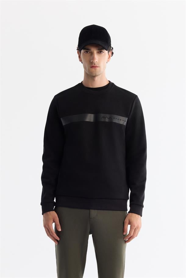 SiyahBisiklet Yaka Pamuklu Baskılı Elastan Sweatshirt