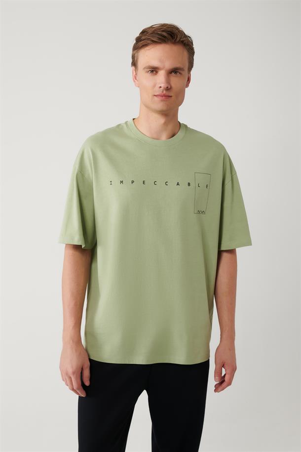 Su Yeşili Baskılı Bisiklet Yaka Oversize T-shirt