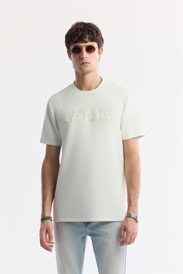 Su Yeşili Bisiklet Yaka Enjeksiyon Baskılı İnterlok T-Shirt