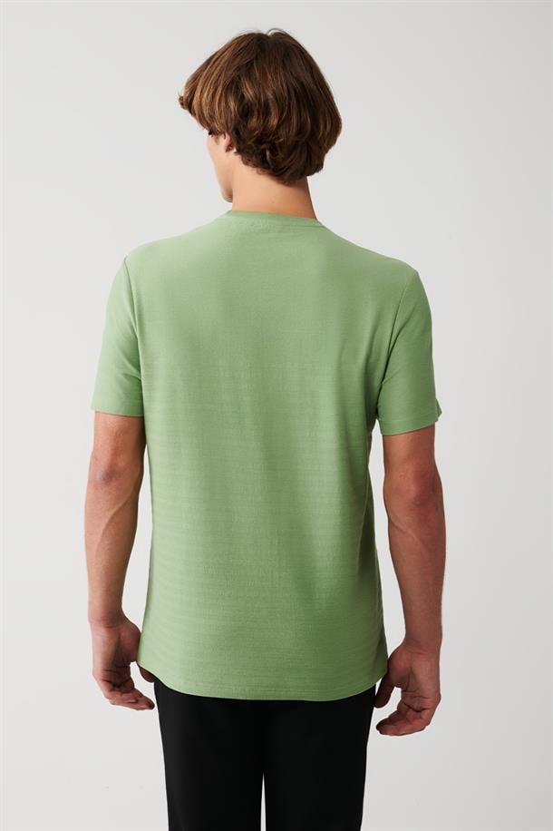 Su Yeşili Bisiklet Yaka Jakarlı Panolu T-shirt