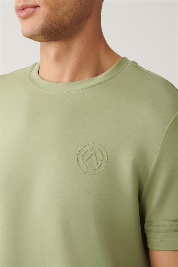 Su Yeşili Bisiklet Yaka Kolları Baskılı 2 İplik T-shirt