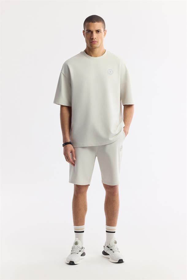 Taş Bisiklet Yaka Oversize Aplike Baskı Detaylı 2'İplik T-Shirt