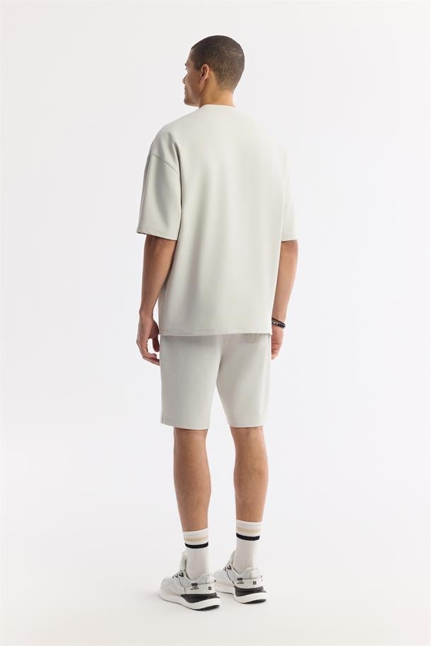 Taş Bisiklet Yaka Oversize Aplike Baskı Detaylı 2'İplik T-Shirt