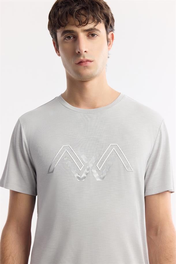 Açık Gri Bisiklet Yaka Baskılı Shoft Touch Flamlı T-Shirt