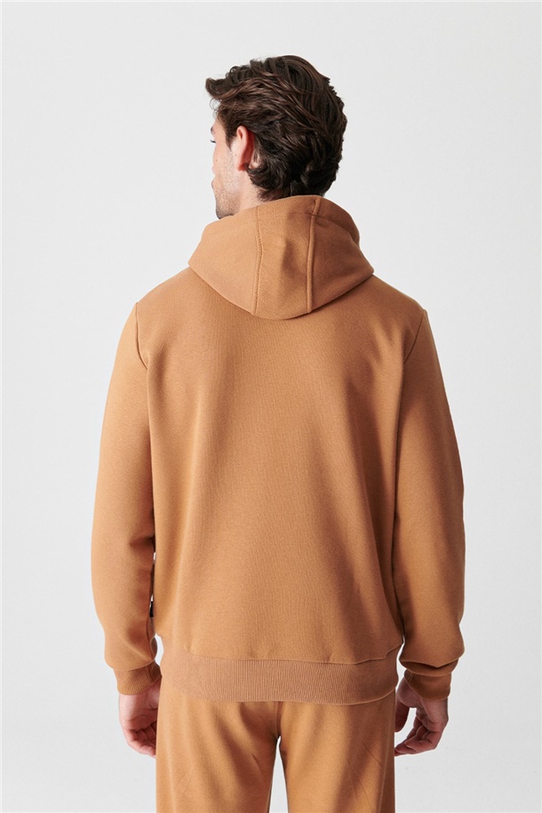 Açık Kahve Kapüşonlu Yaka Düz Sweatshirt