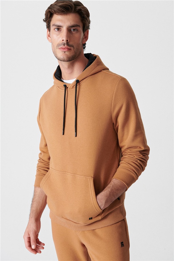 Açık Kahve Kapüşonlu Yaka Düz Sweatshirt