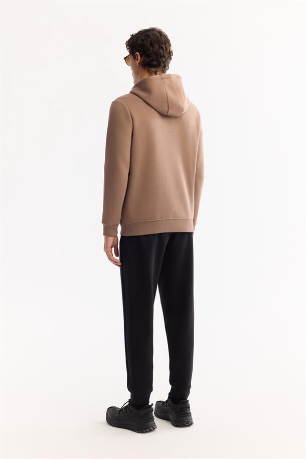 Açık Kahverengi Kapüşonlu 3 İplik Şardonlu Fermuarlı Sweatshirt