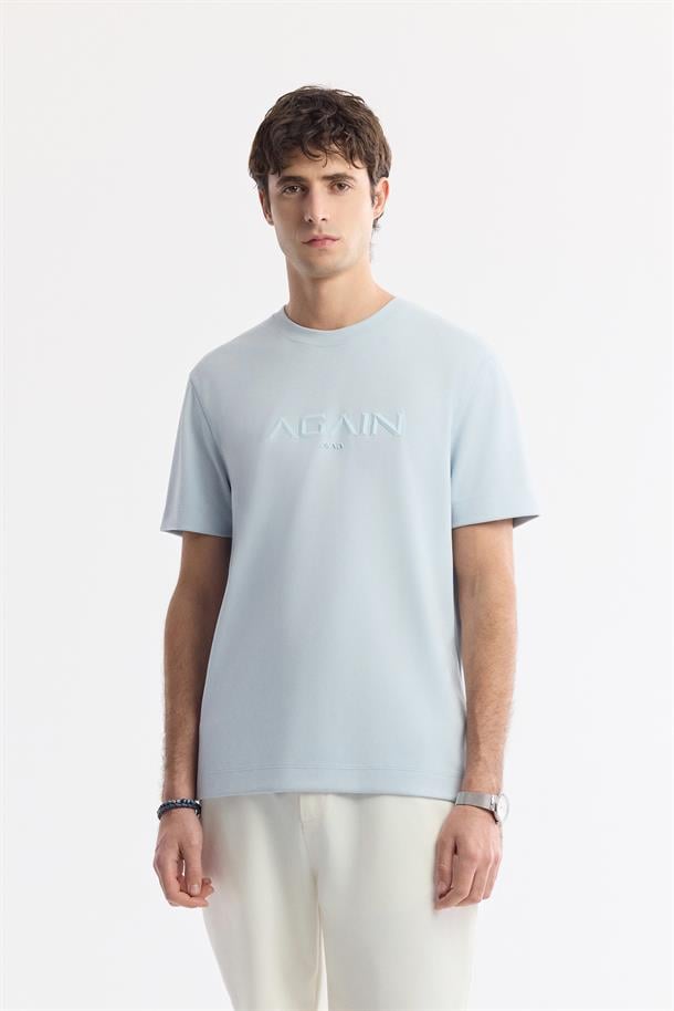 Açık Mavi Bisiklet Yaka Hologram Baskılı İnterlok T-Shirt