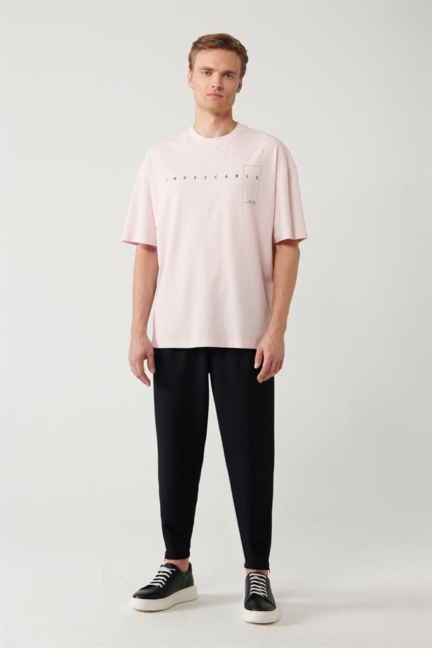 Açık Pembe Baskılı Bisiklet Yaka Oversize T-shirt