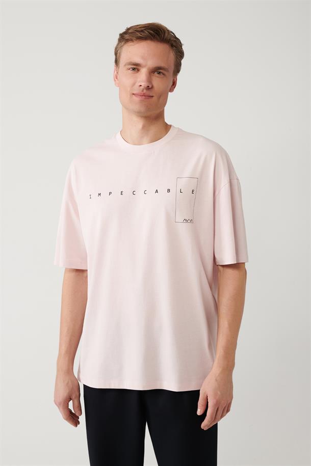 Açık Pembe Baskılı Bisiklet Yaka Oversize T-shirt