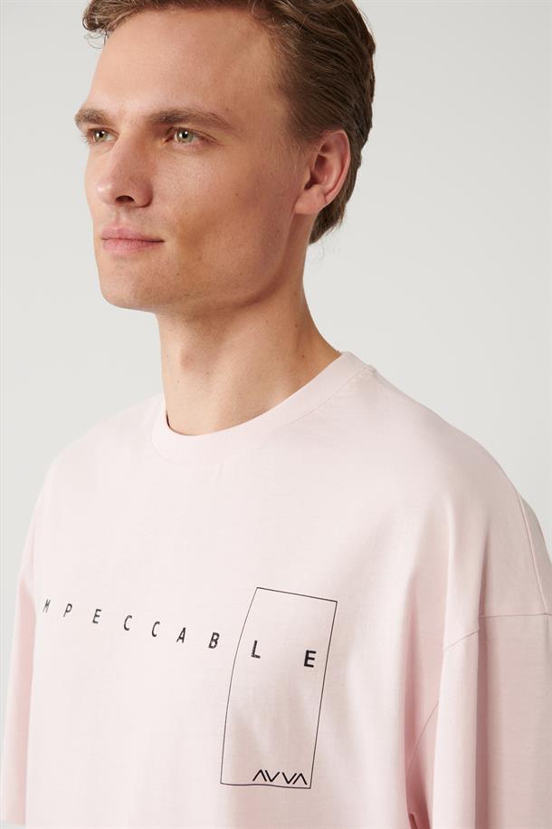 Açık Pembe Baskılı Bisiklet Yaka Oversize T-shirt