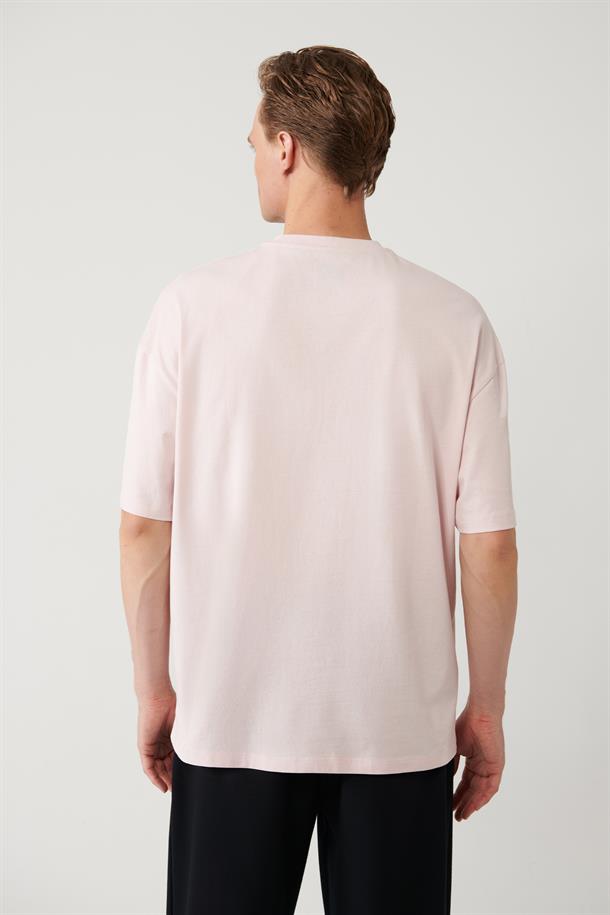 Açık Pembe Baskılı Bisiklet Yaka Oversize T-shirt