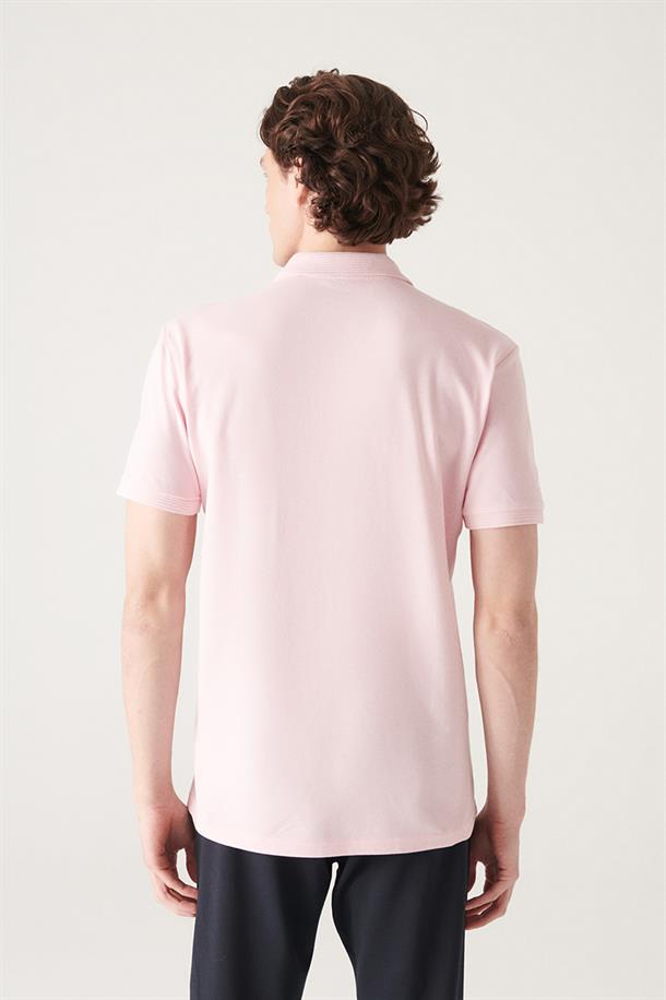 Açık Pembe Polo Yaka Düz T-Shirt