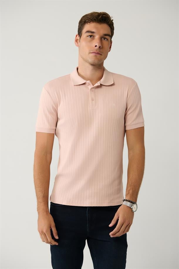 Açık Pembe T-Shirt Fermuarlı Jakarlı Regular Fit 