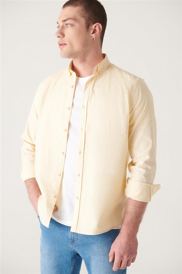 Açık Sarı Oxford %100 Pamuk Regular Fit Gömlek