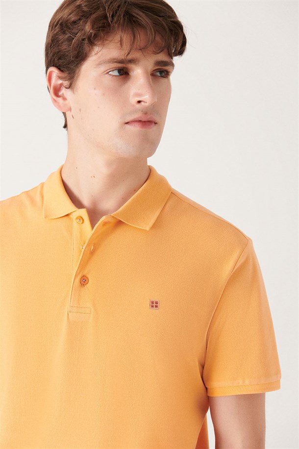 Açık Turuncu Polo Yaka Slim Fit %100 Pamuk Basic T-Shirt