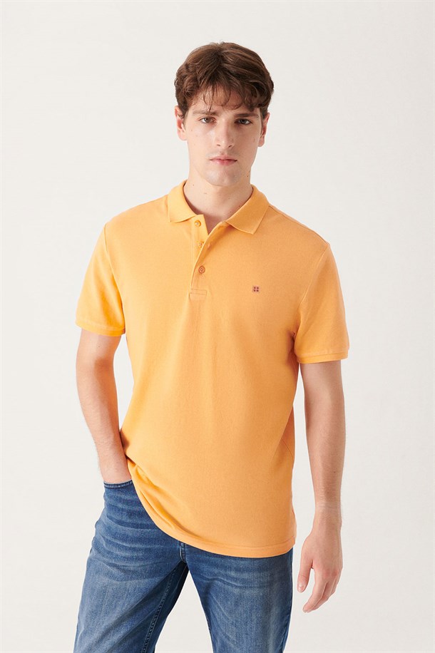 Açık Turuncu Polo Yaka Slim Fit %100 Pamuk Basic T-Shirt