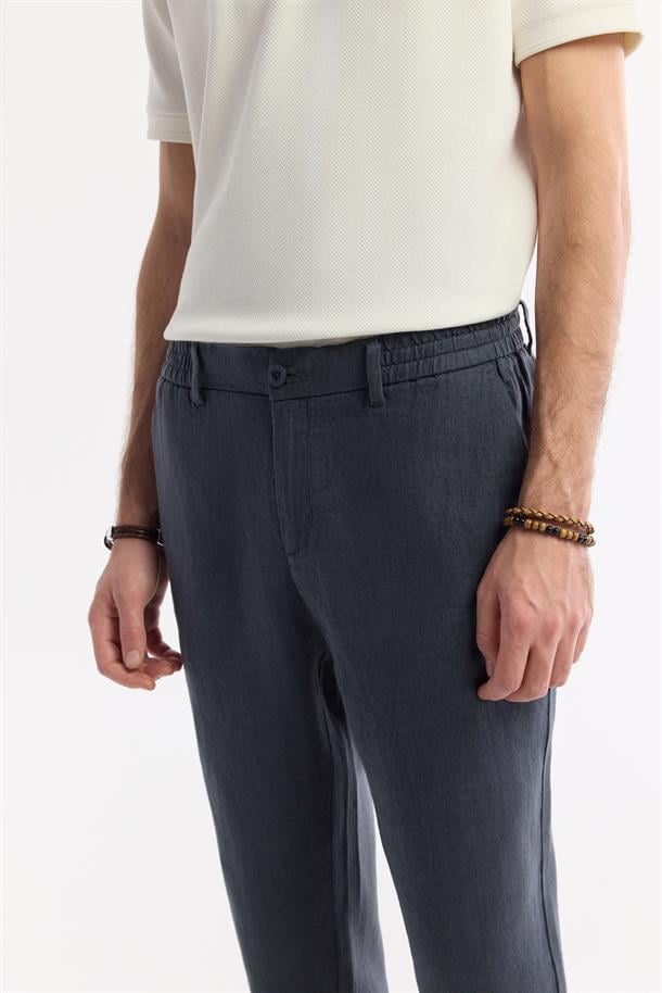 Antrasit Beli Lastikli %100 Keten Pantolon