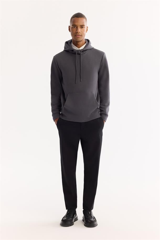 Antrasit Kapüşonlu Yaka Kanguru Cepli   İnterlok Sweatshirt