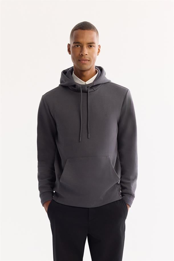 Antrasit Kapüşonlu Yaka Kanguru Cepli   İnterlok Sweatshirt